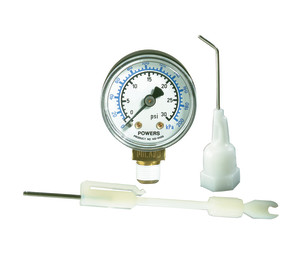 Set with round pressure gauge and two white plastic tools with hook and forked ends