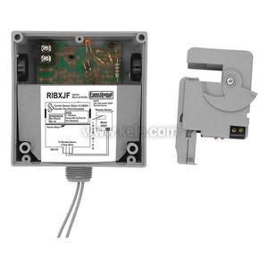 A square grey box with the front removed showing a small circuit board and instructions, alongside a separate grey clamp sensor