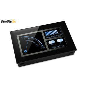 Black rectangular display module with multicolored gauge and bar graph on screen