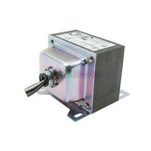 Rectangular metal transformer with bolt-on base and multi-colored wire leads.