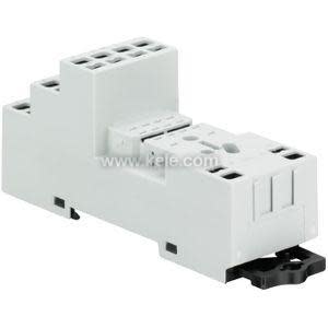 Light grey modular relay base designed for DIN rail mounting featuring multiple rectangular socket openings and a black mounting clip.