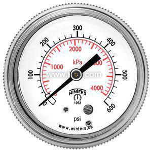 White-faced Winters pressure gauge measuring pressures up to 600 psi or 4,000 kilopascals, with a single black pointer.