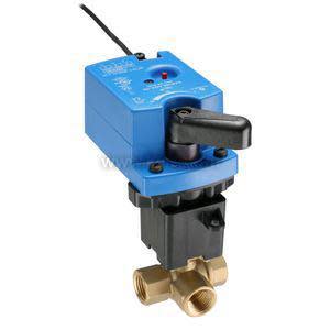 Brass three-way valve at the bottom connected to a blue rectangular actuator box with a protruding black lever and a cable.