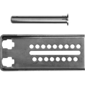 Set of metal hardware comprising a perforated rectangular bracket and a short cylindrical rod