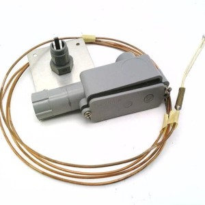 Grey thermostat module with a separate black knob shaft and a long copper capillary ending in a small sensor