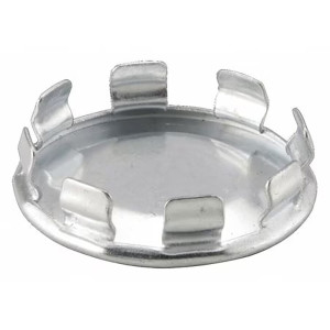 A round silver metal cap with a slightly domed centre and several short flanged tabs bent upward along the rim.