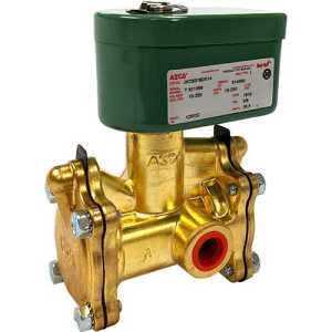 A brass solenoid valve featuring a rectangular green actuator coil with a white label, mounted above a golden valve body with red port.