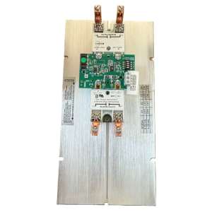 Rectangular metallic-backed board with central green PCB and copper screw terminals at top and bottom.