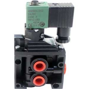 Black solenoid valve body with two red circular openings and a green rectangular coil on top