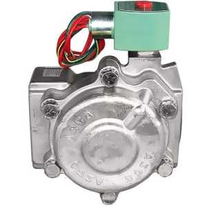 stainless steel ASCO solenoid valve with round body and green solenoid coil with colored wires attached, seen from the front