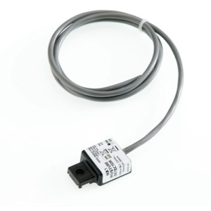 White cylindrical probe attached to a long white cable and a small plug