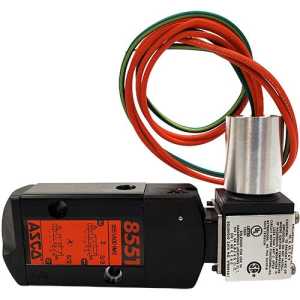 Industrial pneumatic spool valve with a black rectangular body bearing an orange diagram, attached to a silver coil with multicolored wires coiled around.