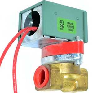 close-up of a small brass solenoid valve with a green square coil labeled 'General Purpose Valve'; red electrical wires exit the side and a red band wraps around the valve body