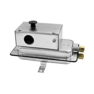 Rectangular silver air pressure switch with black knob on top and two brass barbed connectors on side