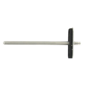 Long cylindrical stainless probe with small barbed connector and rectangular mounting flange.