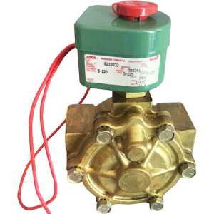 photo of a large brass solenoid valve with round multi-bolt body and green actuator housing with red button; red electrical wires attached