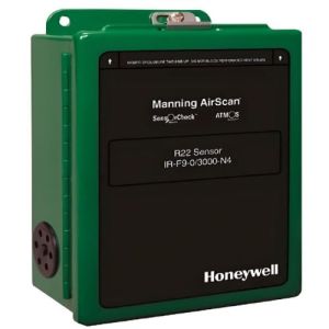 A green rectangular gas sensor unit with a black front labeled Manning AirScan.