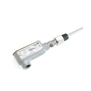 Grey rectangular conduit box with a printed label and a stainless steel probe clamped by a fitting