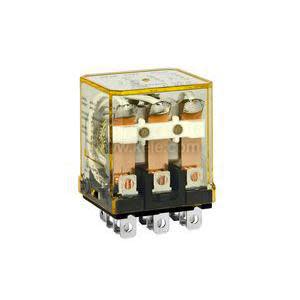Cube-shaped clear yellow relay showing three internal contact units and row of metal pins at base