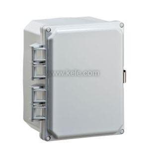 Rectangular outdoor-rated electrical enclosure featuring a smooth hinged cover secured by metal latches along one side