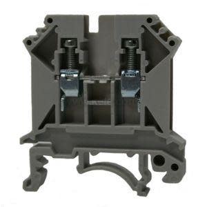 Gray two‑pole DIN rail terminal block with two vertical screws and mounting foot.