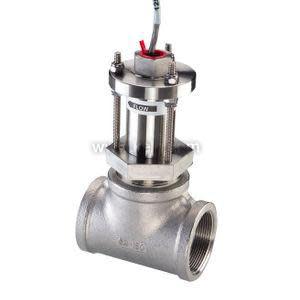 Stainless control valve with vertical actuator and flanged ends.
