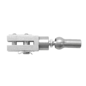 A silver metal linkage device consisting of a slotted fork on one end and a rounded ball-and-socket joint on the other