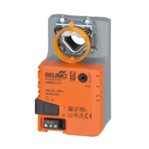 Compact orange and grey Belimo actuator with circular clamp and small black terminal block.