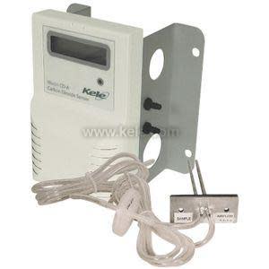 White CO₂ sensor with small LCD screen, separate metal mounting bracket and wired remote probe.