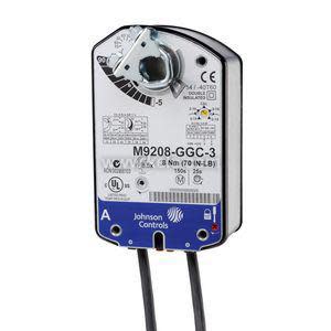 Grey rectangular actuator with protruding stub shaft and black terminal cover.