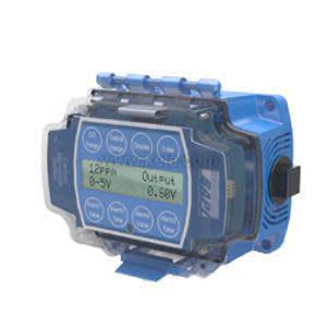 Blue rectangular transmitter with transparent cover and LCD screen showing measurements