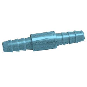 Blue plastic hose connector with barbed ends and hex center.