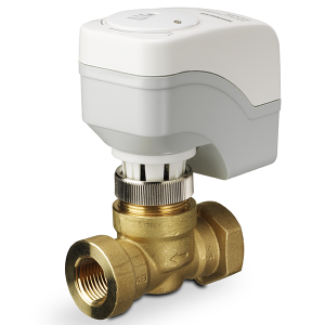 Short brass valve fitted with a two-tone white and grey plastic motor housing.