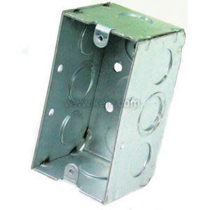 Open rectangular metal electrical outlet box with round knockout holes on all sides and small mounting tabs