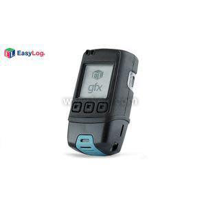 Black handheld data logger with screen and three buttons.