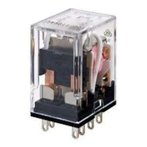 Small transparent relay showing copper coil with a black base and metal prongs.