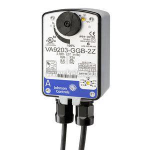 Grey actuator housing with circular dial indicator, printed scale and two cable glands