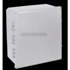 Square light grey outdoor control box with a flat front and three small hinge brackets on its left side, shown closed on a dark background.