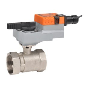 Small stainless steel valve with threaded ends and an orange and grey actuator on top, featuring a black lever and wire connection.