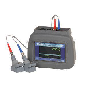 Image of a grey handheld measurement device featuring a color screen displaying a numeric reading of 250.0 and two attached probe sensors with red and blue connectors.