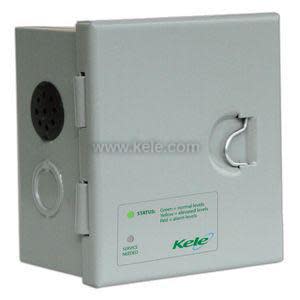 Square grey metal enclosure with hinged door, ring latch and circular vent on side