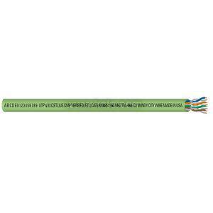 Light green shielded communication cable with printed text and many colored wires protruding.