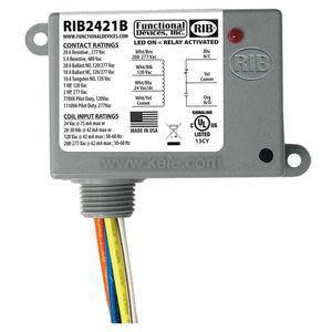 Small gray RIB2421B module with printed ratings, red LED indicator and color-coded wires.