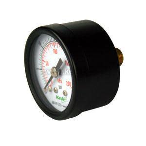 Small round pressure gauge with black case, white dial showing red and black markings, and brass threaded rear port.