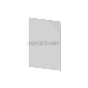 Flat steel plate with square corners and four small holes for mounting inside a cabinet.