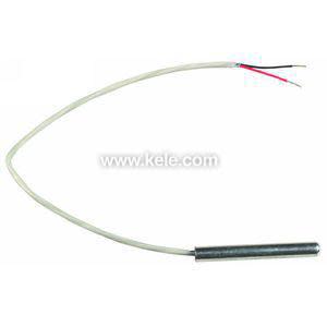 Small metal cylindrical temperature probe attached to a thin white cable with red and black wires on the opposite end