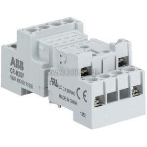 Photograph of a light grey ABB relay socket labeled 'CR‑M', showing several terminal openings on top and side along with printed electrical ratings.