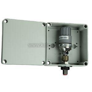 Grey rectangular enclosure with internal sensor module and two brass ports