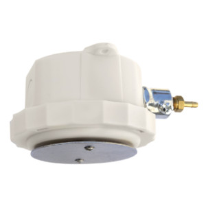 White circular plastic housing with toothed edge and metal disc bottom; side features small brass hose barb fitting.