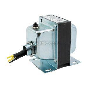 Compact metal transformer with a silver housing, mounting base and a grommet with yellow and black wires extending